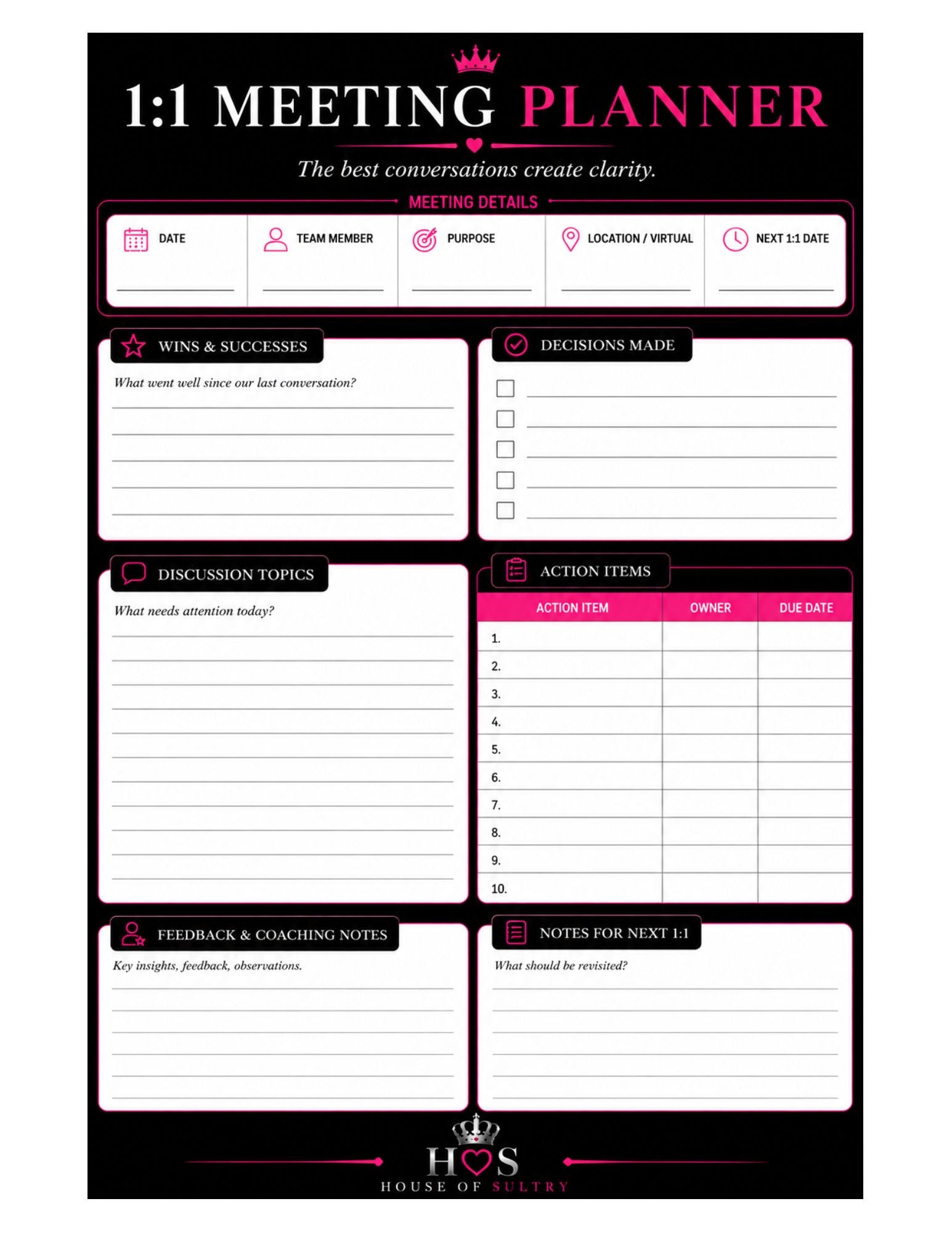 1:1 Meeting Planner | Printable | 8.5 x 11
