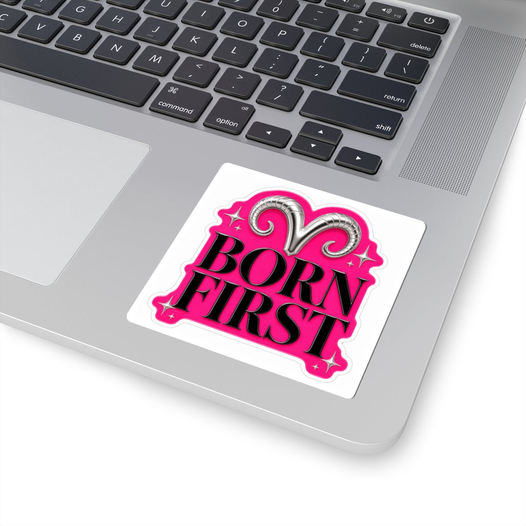 Born First Aries Kiss-Cut Sticker on paper featuring a bold Aries zodiac design, printed by Printify.