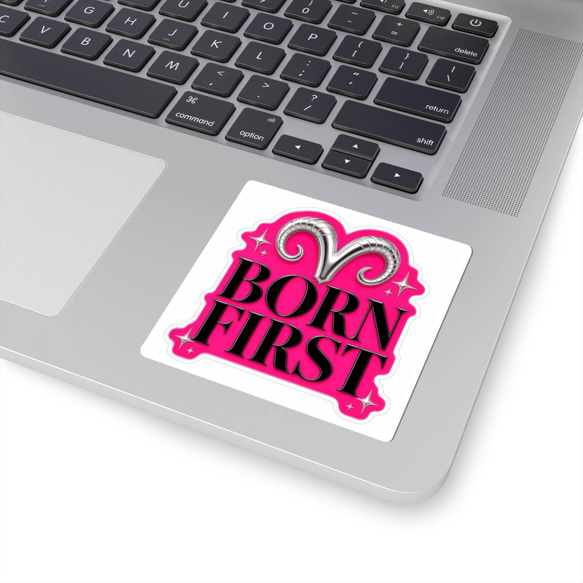Born First Aries Kiss-Cut Sticker on paper featuring a bold Aries zodiac design, printed by Printify.