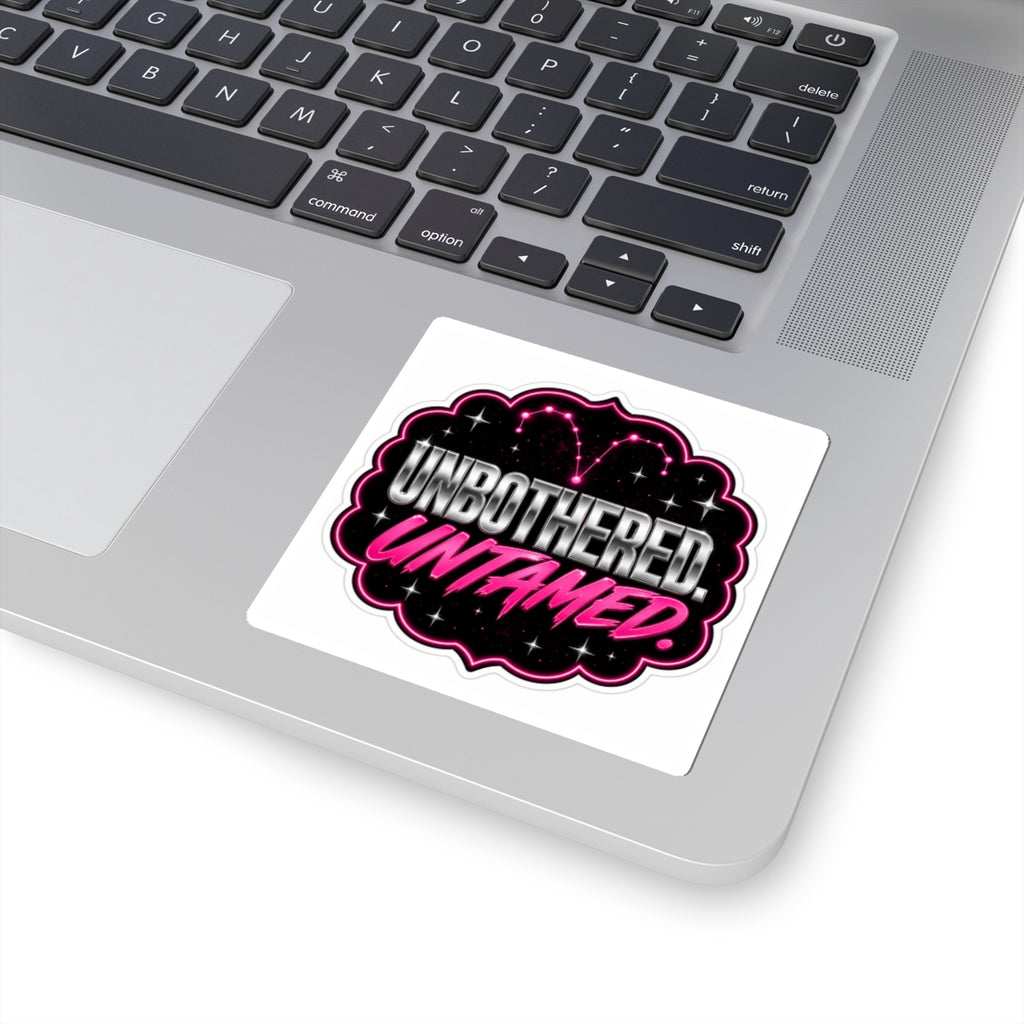 A kiss-cut sticker featuring the "Unbothered. Untamed." Aries design on paper with bold black text and artistic details.