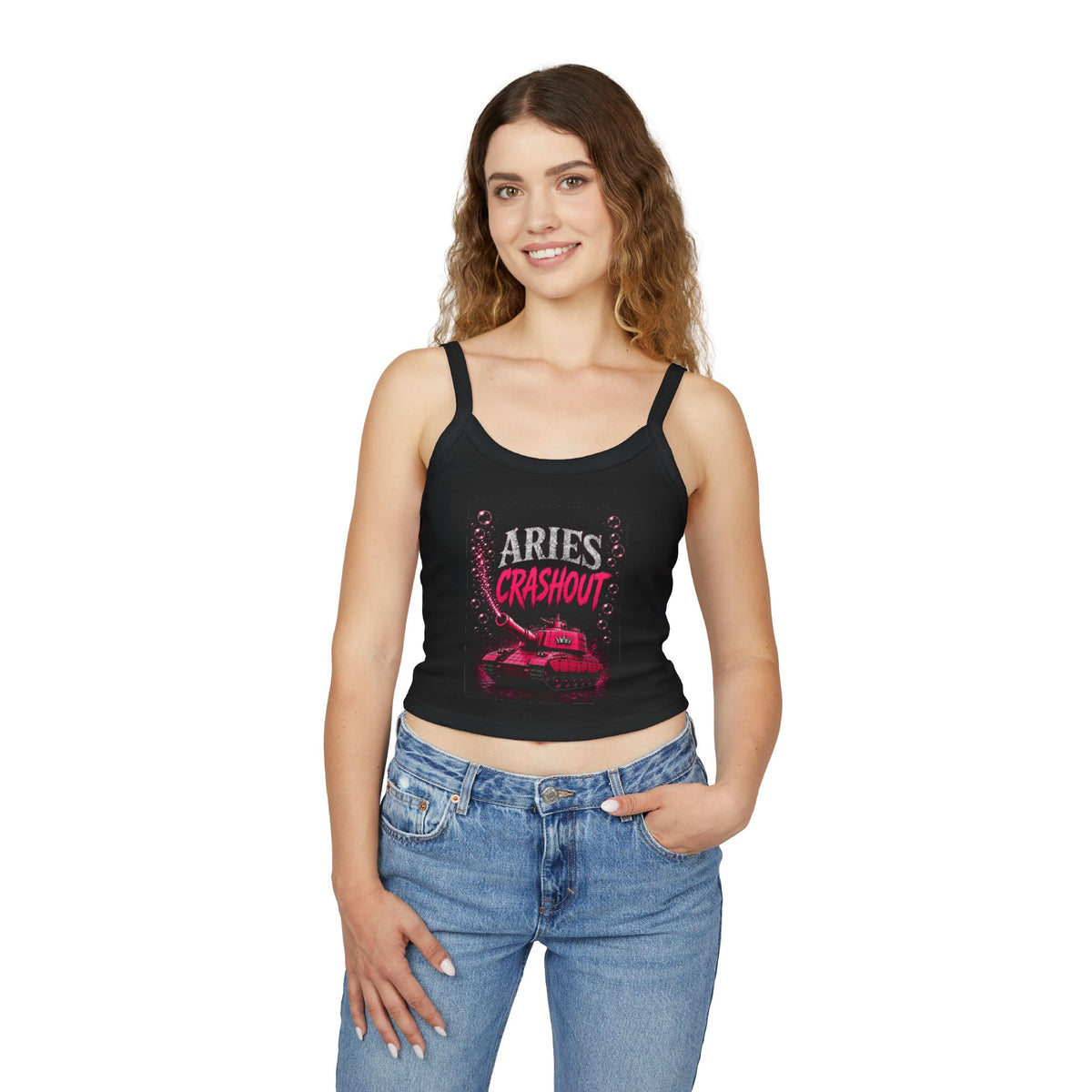 Women's Aries HOS spaghetti strap tank top by Printify, featuring a sleek design and thin shoulder straps on a plain background.