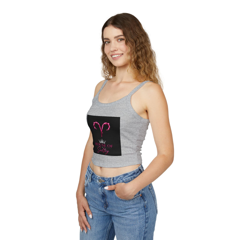 Printify Aries HOS women's spaghetti strap tank top, signature style, lightweight fabric, fitted design, white color, casual wear.