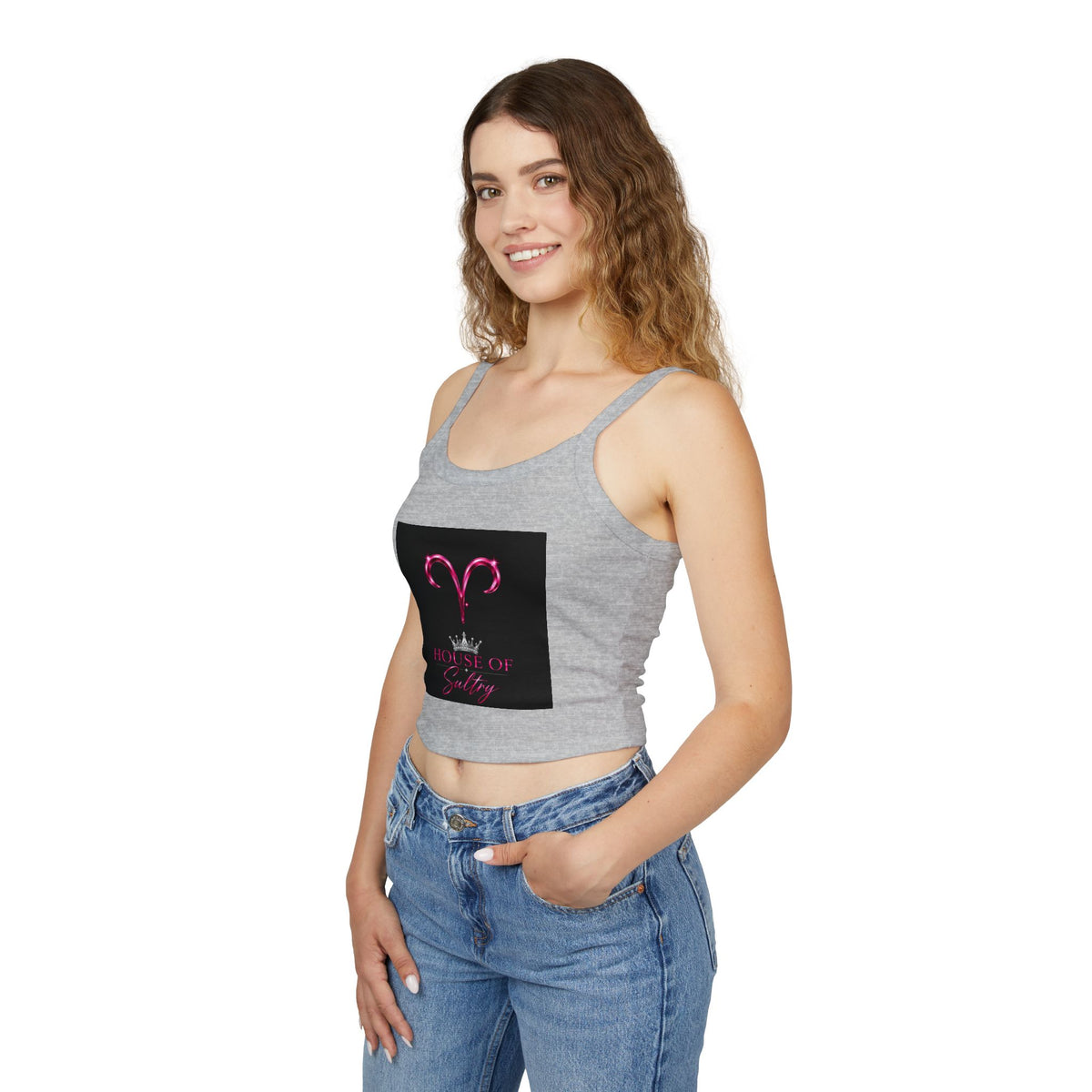 Printify Aries HOS women's spaghetti strap tank top, signature style, lightweight fabric, fitted design, white color, casual wear.