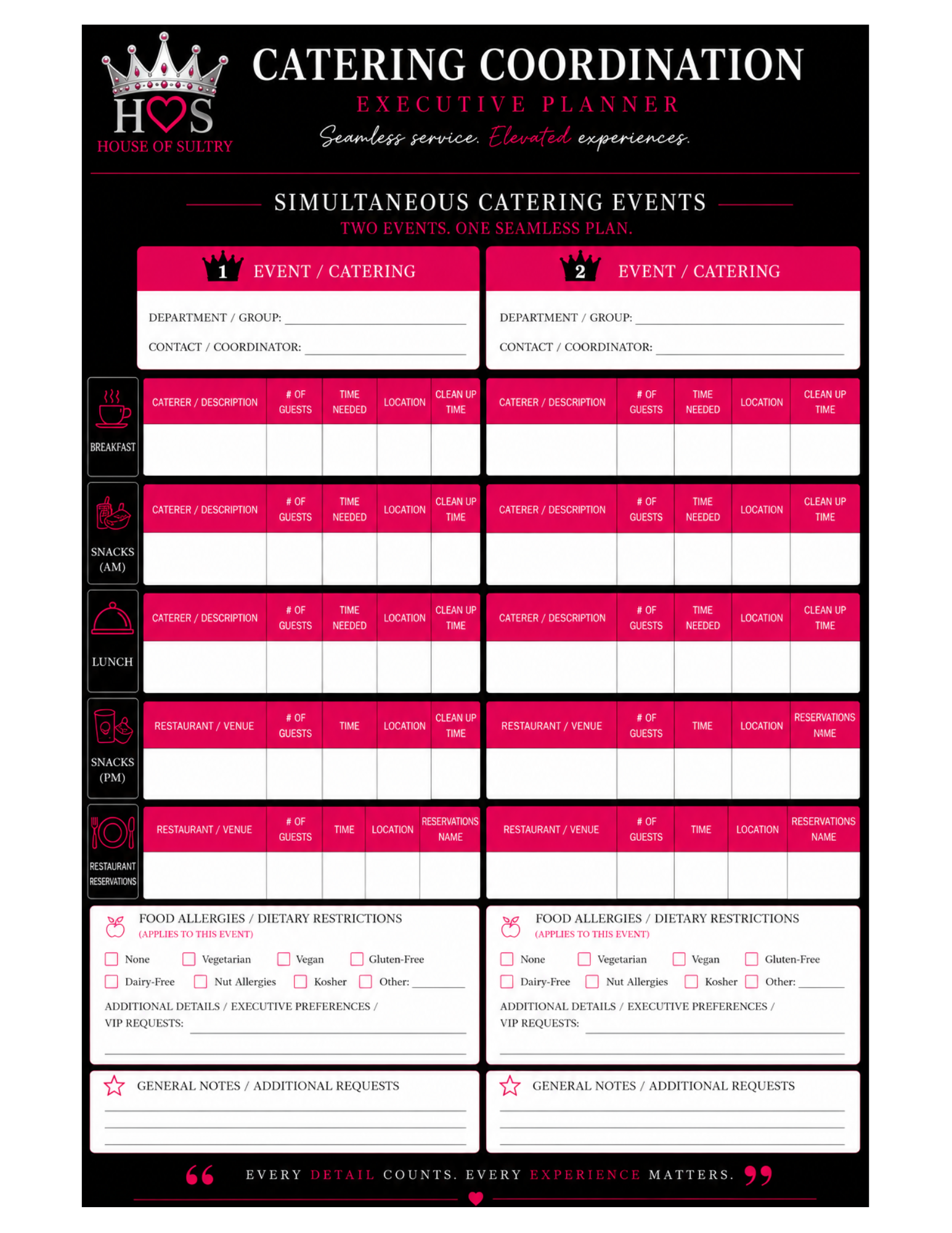 Catering Events Planner Template (Simultaneous) | Printable | 8.5 x 11
