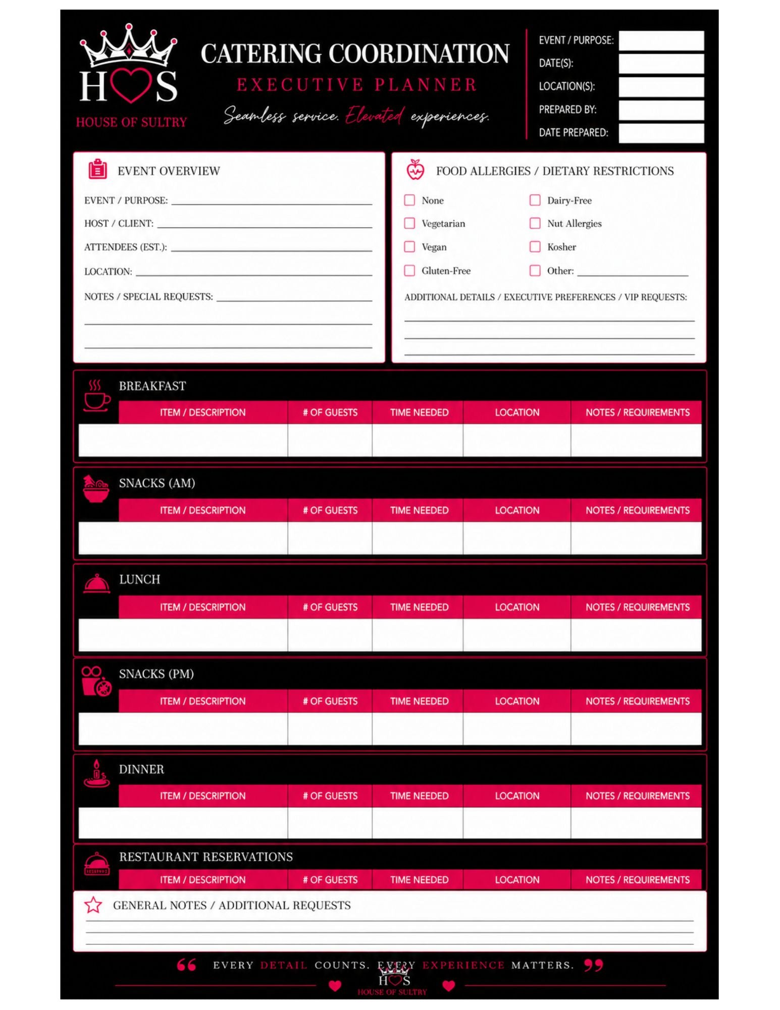 Catering Coordination Planner | Printable | 8.5 x 11
