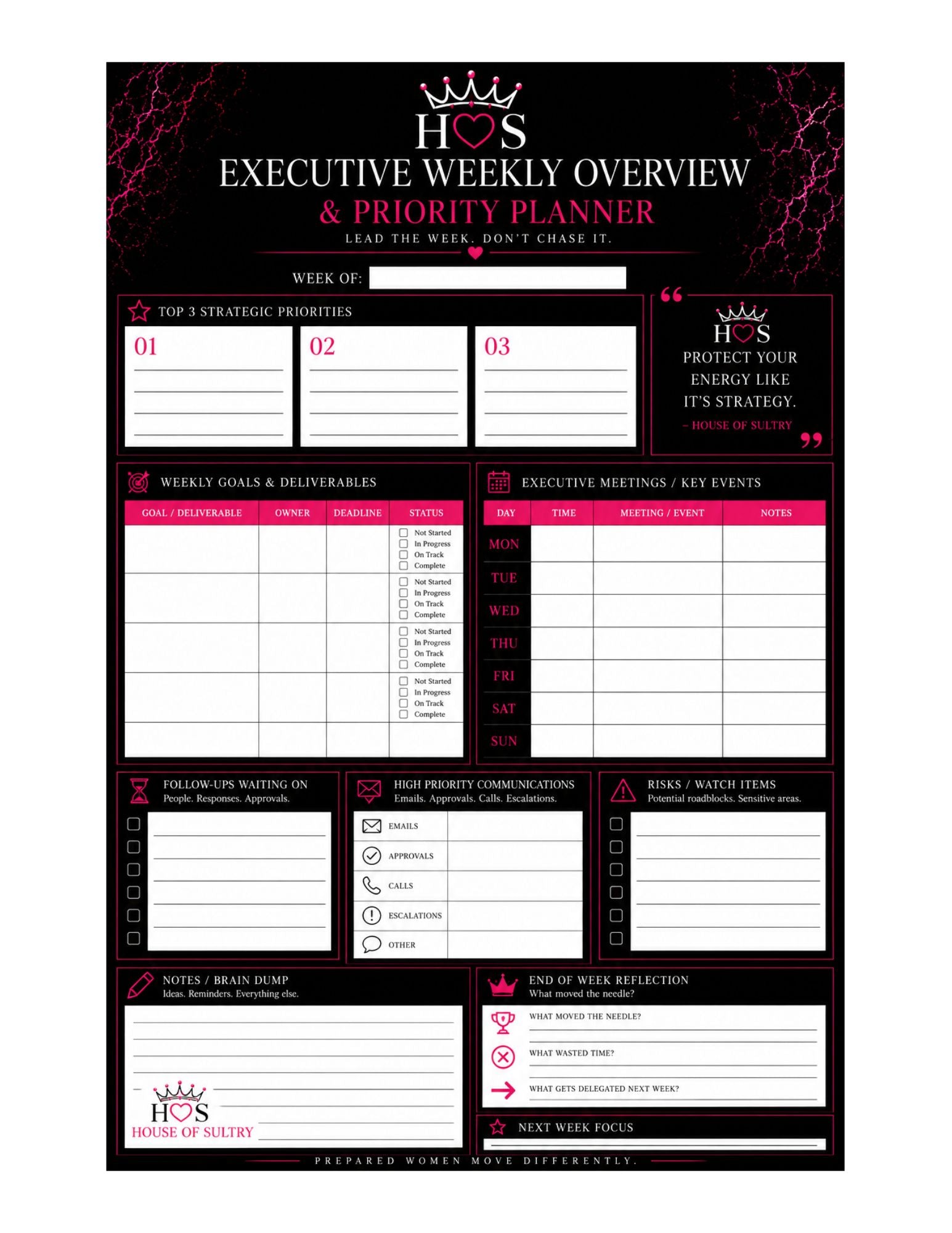 Executive Weekly Overview & Priority Planner | Printable | 8.5 x 11