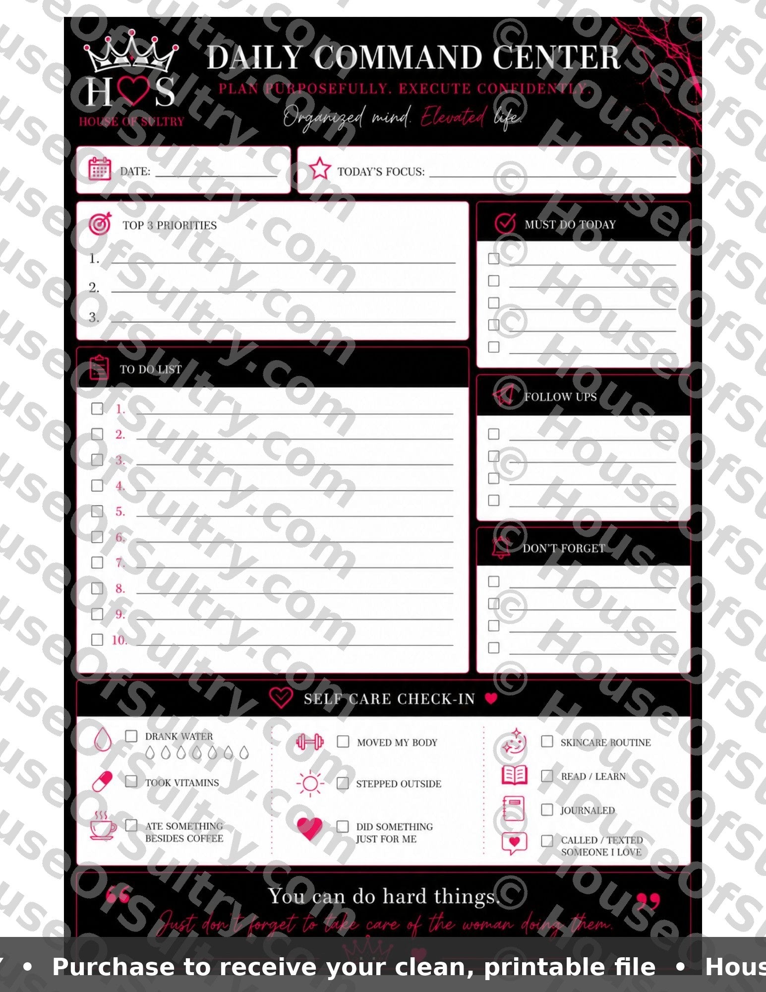 Printable Daily Command Center sheet by HouseOfSultry featuring organized sections on 8.5 x 11-inch paper for daily planning.