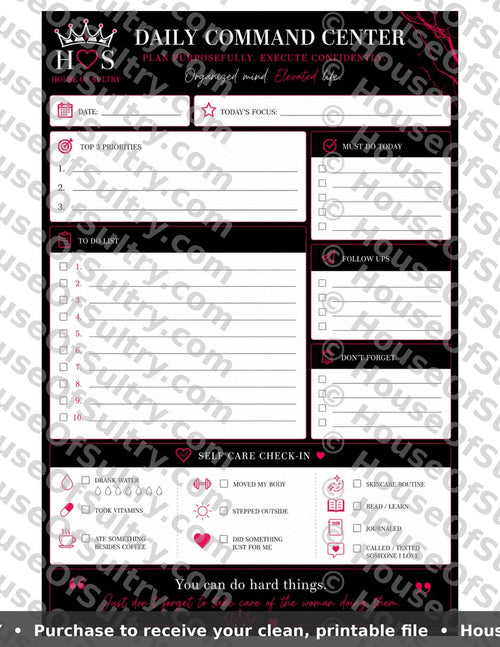Printable Daily Command Center sheet by HouseOfSultry featuring organized sections on 8.5 x 11-inch paper for daily planning.