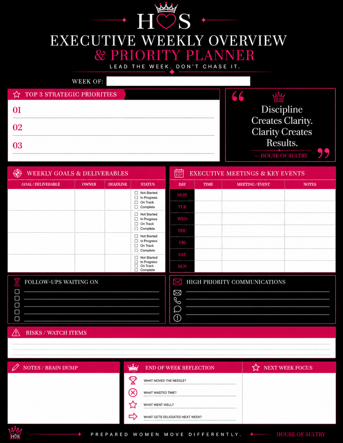 Executive Weekly Overview & Priority Planner -2 | Printable | 8.5 x 11