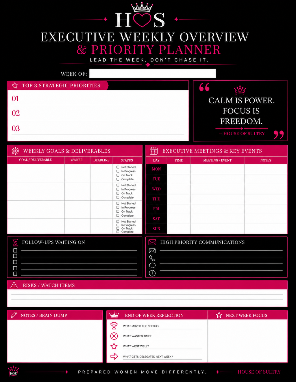 House of Sultry Executive Weekly Overview Collection 4-Week Luxury Planning System | Printable Bundle | 8.5 x 11