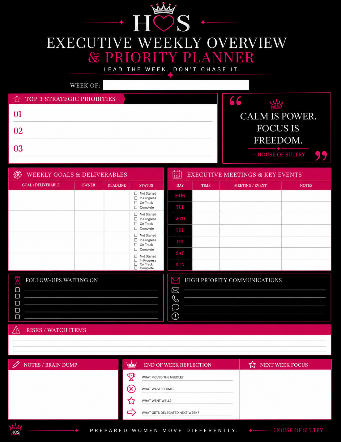 House of Sultry Executive Weekly Overview Collection 4-Week Luxury Planning System | Printable Bundle | 8.5 x 11