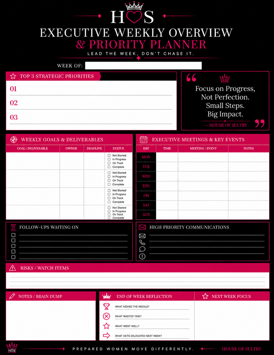 Executive Weekly Overview & Priority Planner -3 | Printable | 8.5 x 11