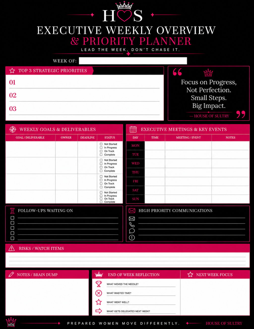 House of Sultry Executive Weekly Overview Collection 4-Week Luxury Planning System | Printable Bundle | 8.5 x 11