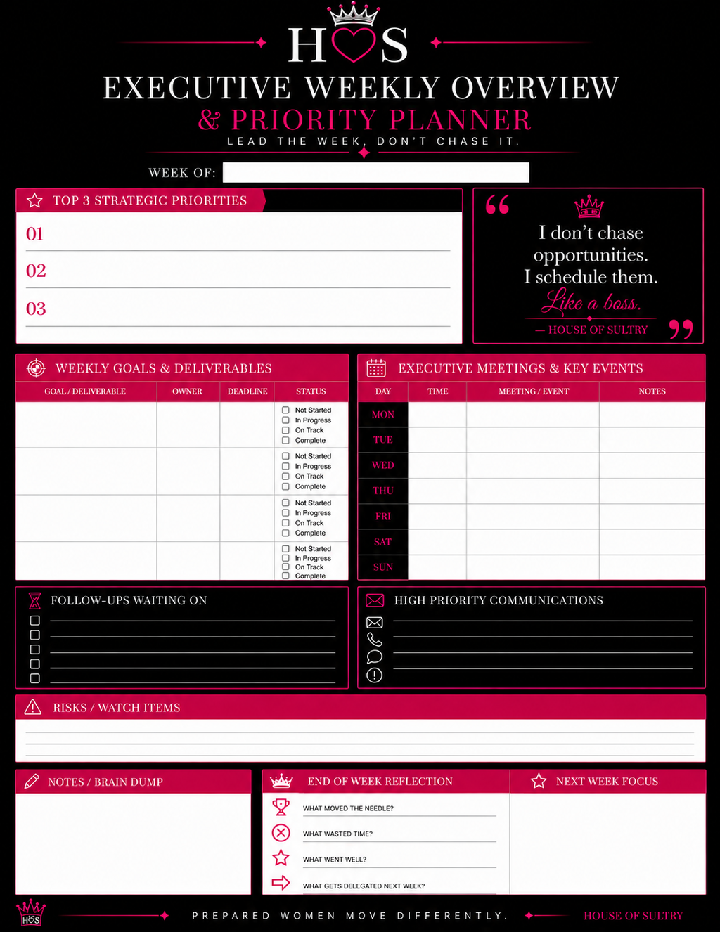 House of Sultry Executive Weekly Overview Collection 4-Week Luxury Planning System | Printable Bundle | 8.5 x 11