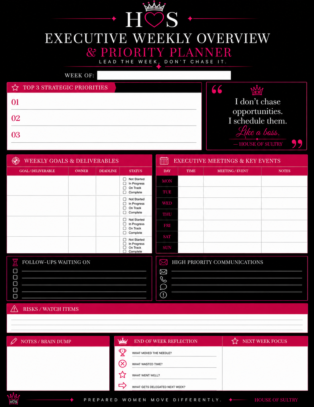 House of Sultry Executive Weekly Overview Collection 4-Week Luxury Planning System | Printable Bundle | 8.5 x 11