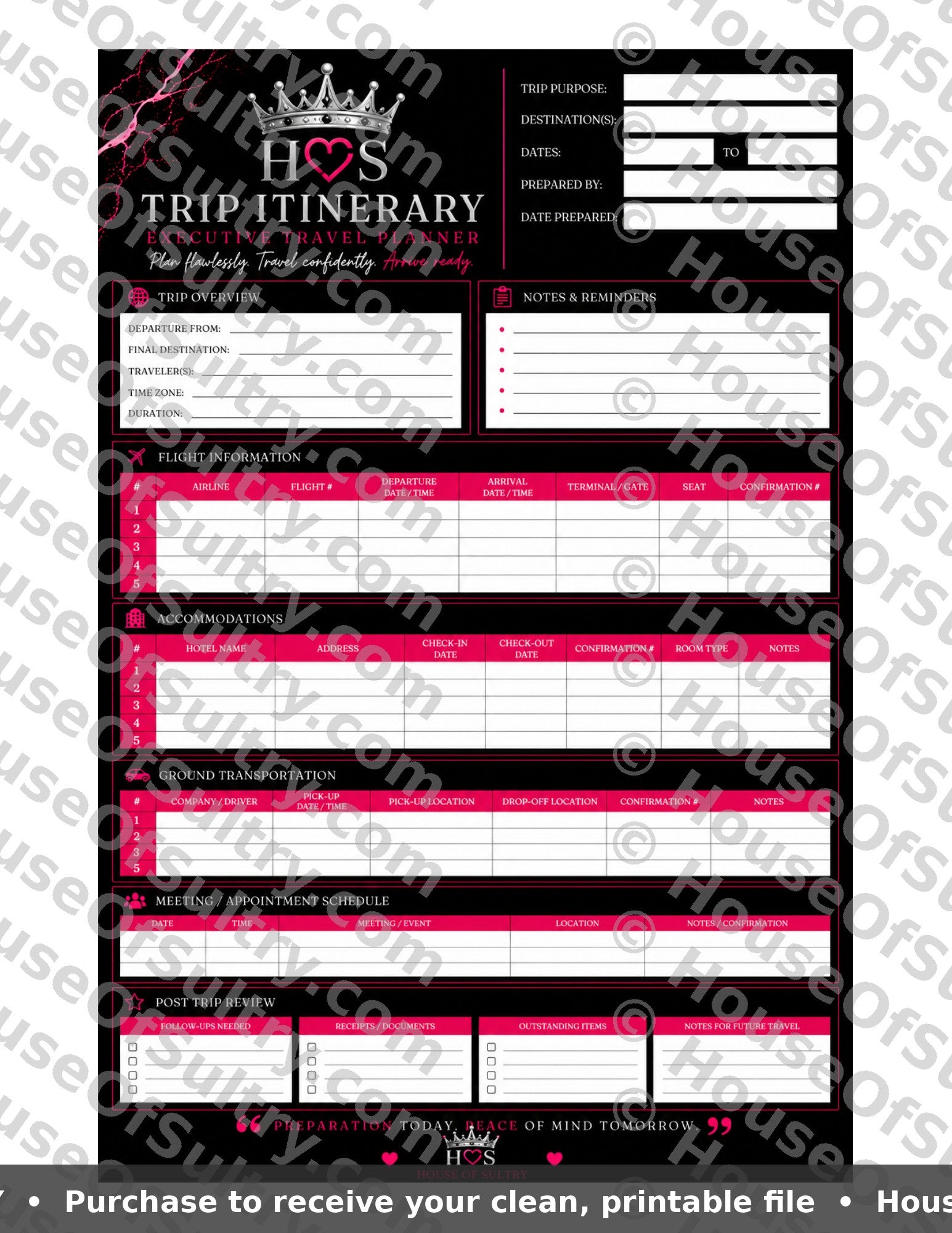 Printable executive travel planner on 8.5 x 11 paper by HouseOfSultry, featuring organized pages for travel planning and scheduling.
