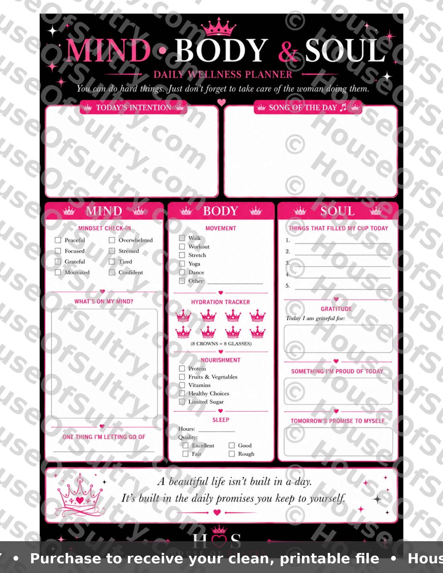 Printable Daily Wellness Planner by HouseOfSultry, 8.5 x 11 inches, featuring organized sections for health, goals, and daily tracking.