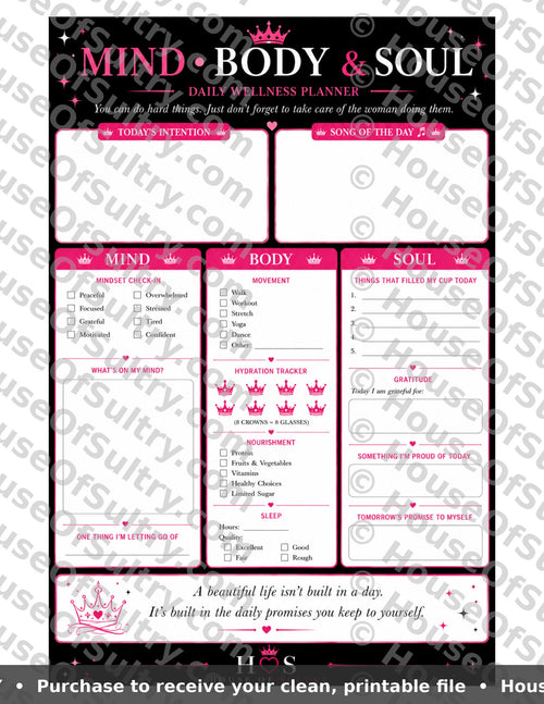 Printable Daily Wellness Planner by HouseOfSultry, 8.5 x 11 inches, featuring organized sections for health, goals, and daily tracking.