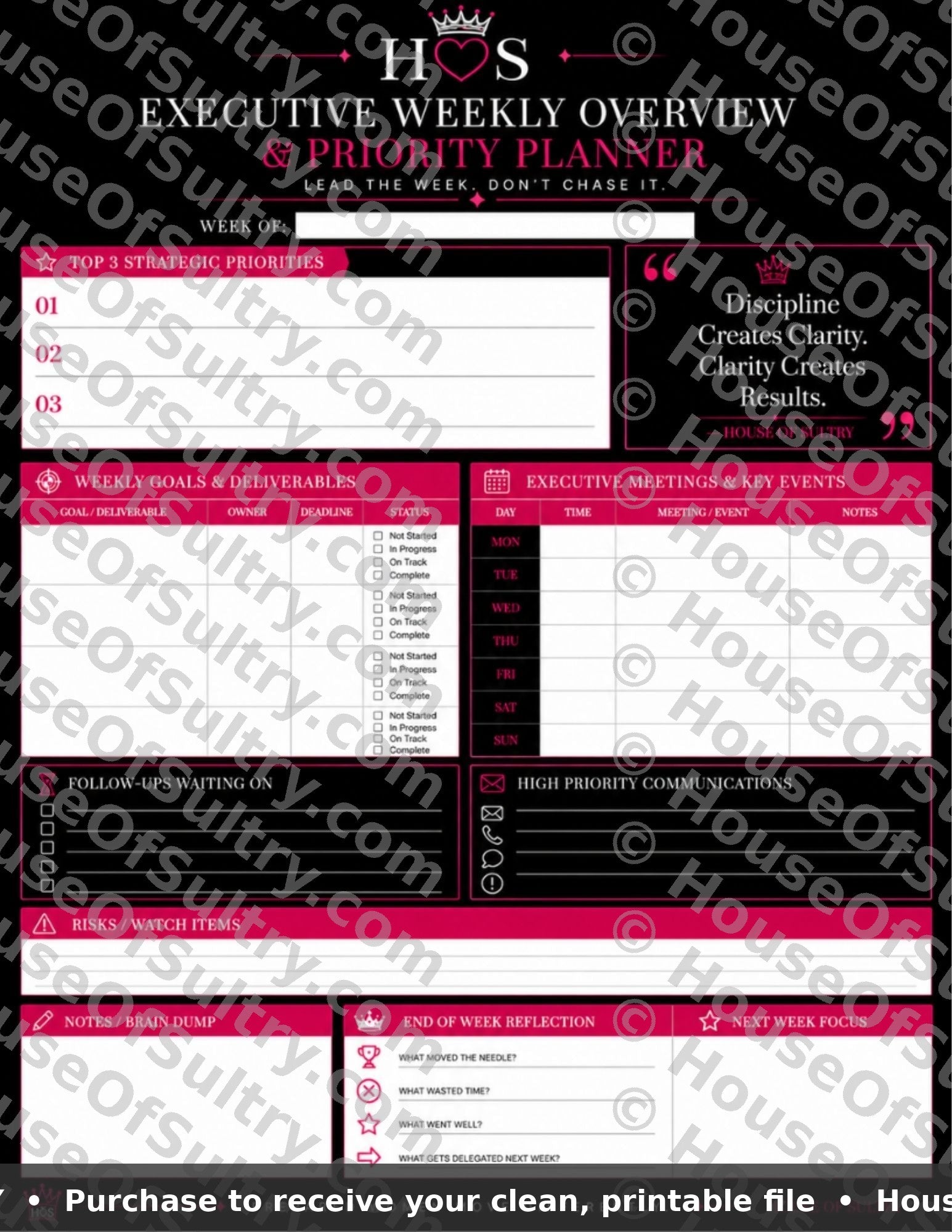 Printable HouseOfSultry Executive Weekly Dashboard Planner on 8.5 x 11 paper, featuring daily priorities and overview sections.