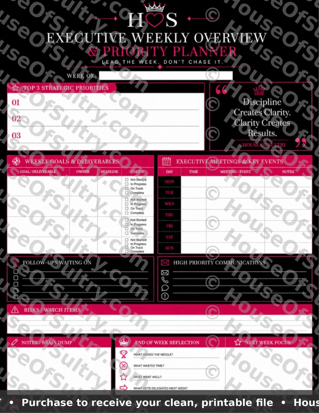 HouseOfSultry executive weekly overview dashboard for 4-week luxury planning system, printable 8.5 x 11 weekly planner bundle.