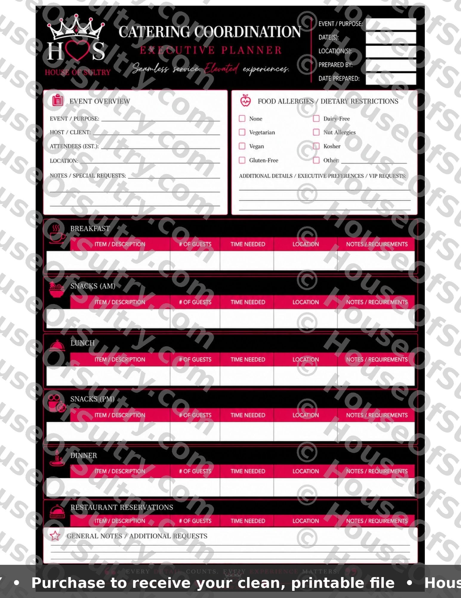 Printable catering events planner template on 8.5 x 11 paper by HouseOfSultry, designed for organizing catering details.
