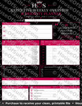Printable HouseOfSultry Executive Weekly Overview & Priority Planner on 8.5x11 paper, featuring a clean weekly dashboard layout.