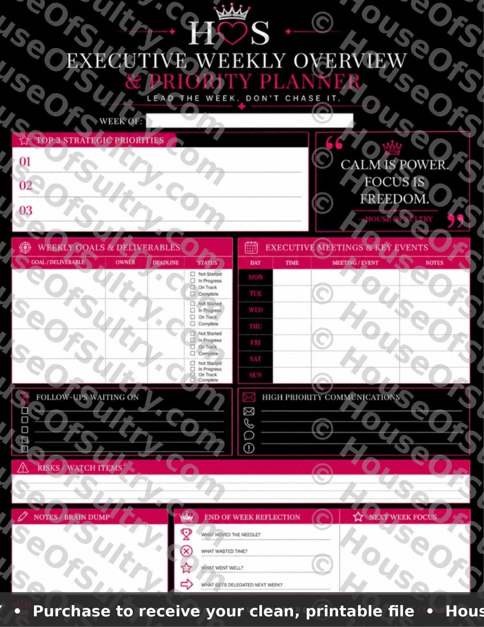 Printable HouseOfSultry Executive Weekly Overview & Priority Planner on 8.5x11 paper, featuring a clean weekly dashboard layout.
