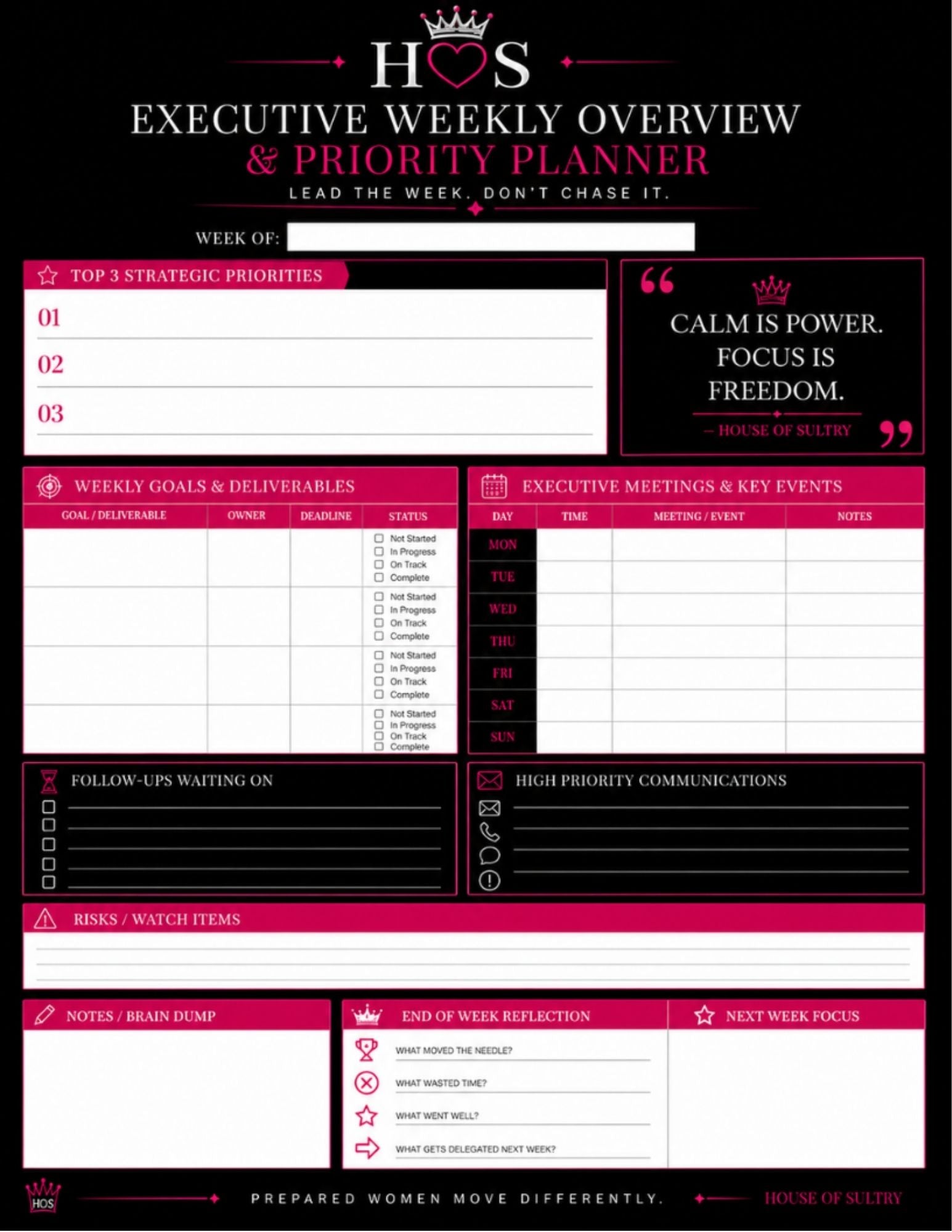 Executive Weekly Overview & Priority Planner -1 | Printable | 8.5 x 11