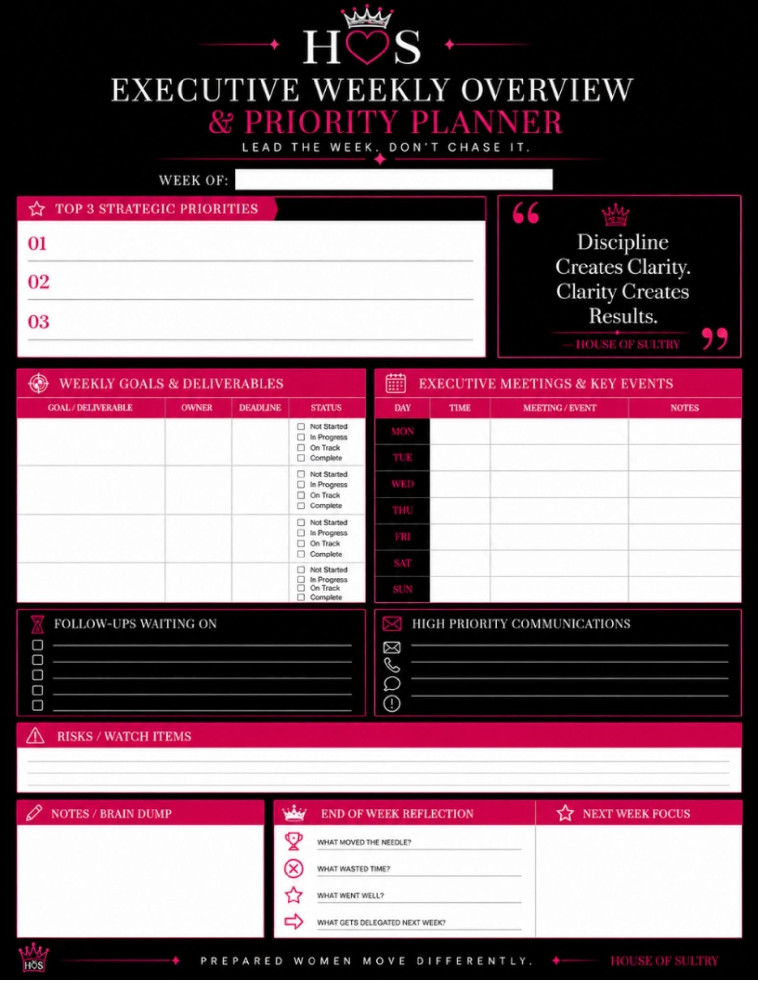 Executive Weekly Overview Collection 4-Week Luxury Planning System | Printable Bundle | 8.5 x 11