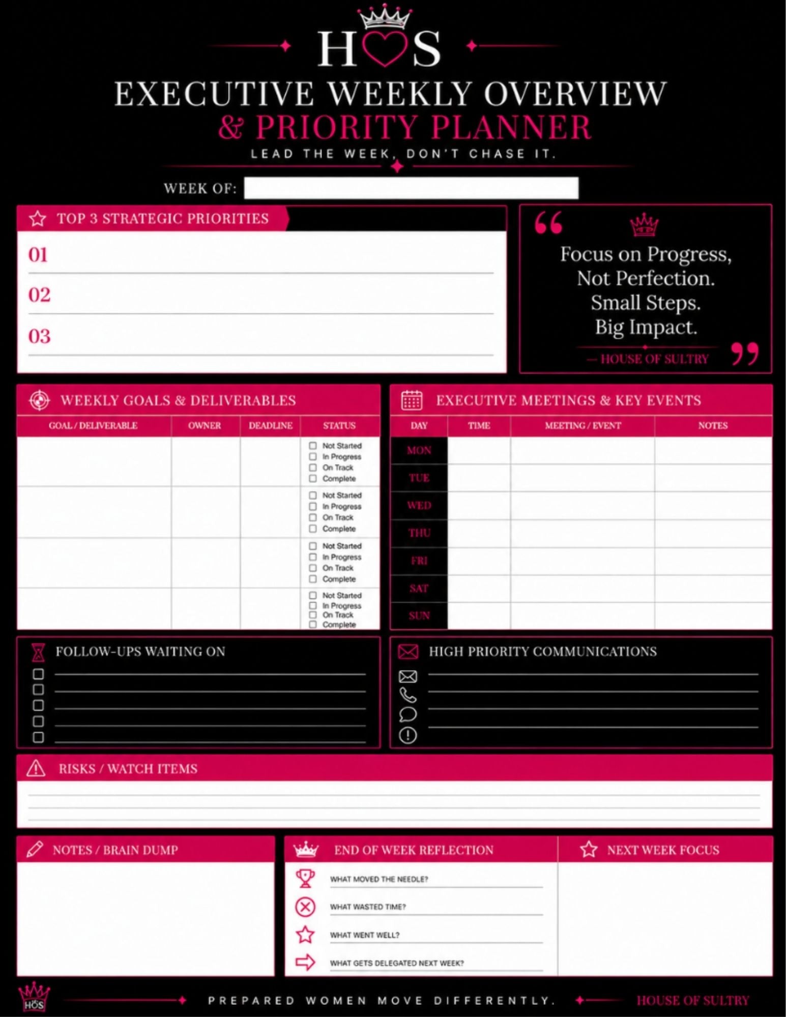 Executive Weekly Overview Collection 4-Week Luxury Planning System | Printable Bundle | 8.5 x 11