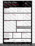 Printable Meeting Minutes and Action Tracker sheet by HouseOfSultry, 8.5 x 11-inch paper for organizing meeting notes and tasks.