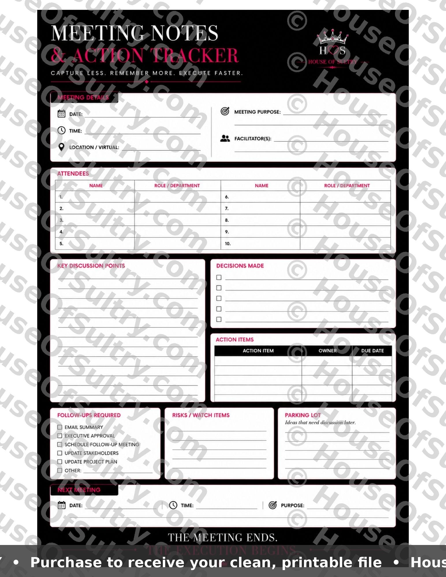 Printable Meeting Minutes and Action Tracker sheet by HouseOfSultry, 8.5 x 11-inch paper for organizing meeting notes and tasks.