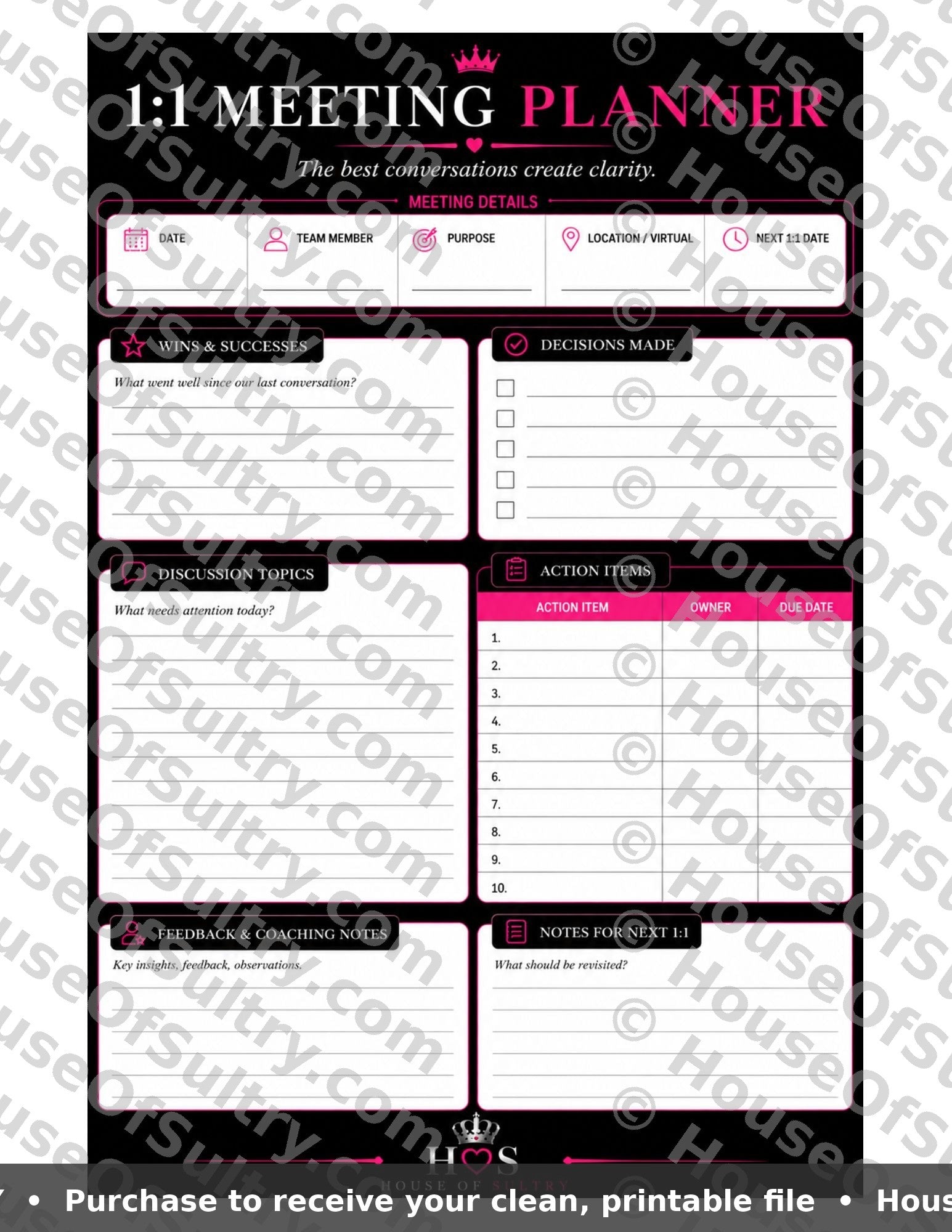 Printable 8.5 x 11 1:1 meeting planner from HouseOfSultry with organized sections for scheduling and note-taking.