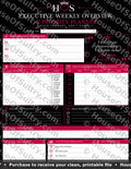HouseOfSultry Executive Weekly Overview & Priority Planner, printable weekly dashboard on 8.5 x 11 paper, with organized layout.