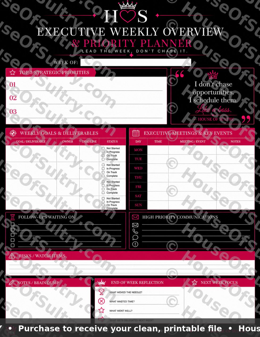 HouseOfSultry Executive Weekly Overview & Priority Planner, printable weekly dashboard on 8.5 x 11 paper, with organized layout.