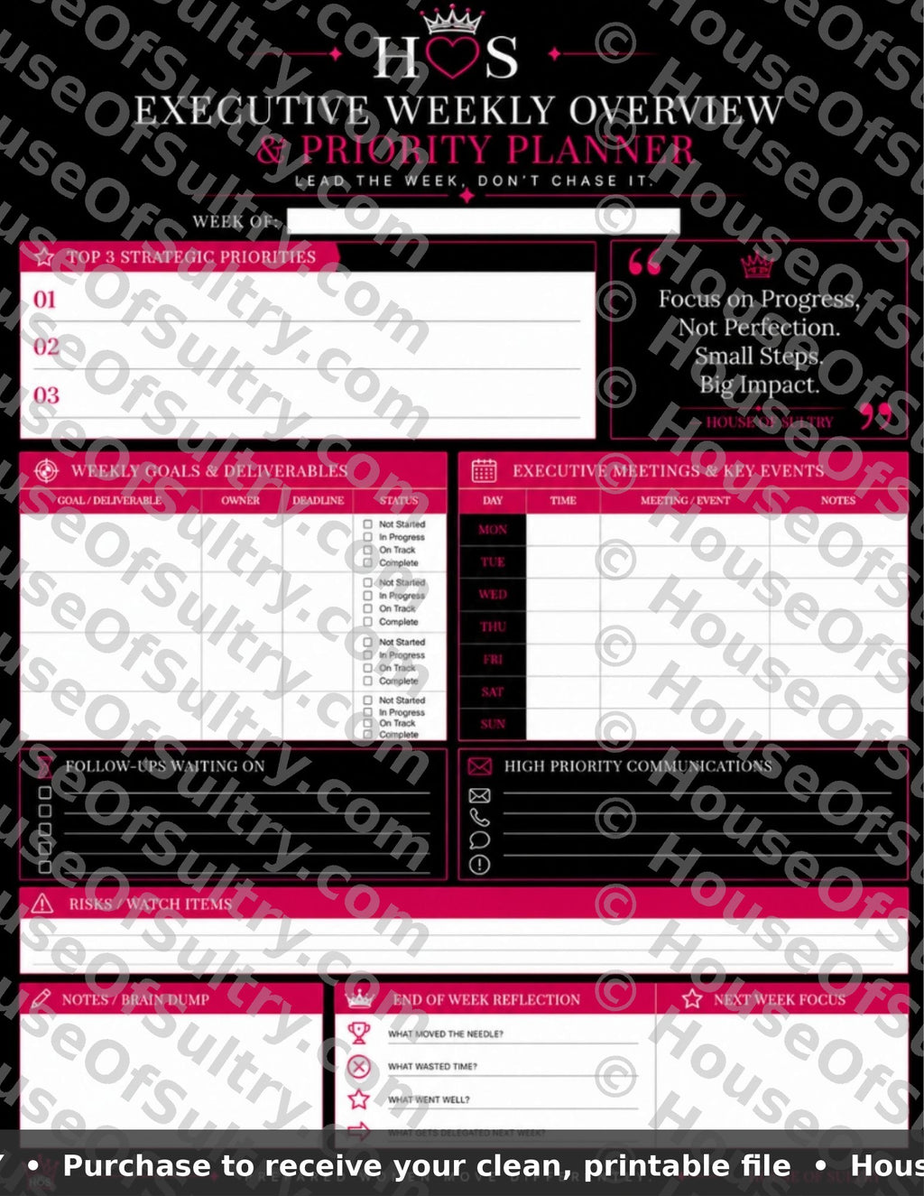 HouseOfSultry luxury weekly dashboard from the Executive Weekly Overview Collection, a printable 8.5 x 11 planning system.
