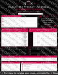 HouseOfSultry executive weekly overview and priority planner dashboard on 8.5x11 printable sheet with organized task sections.