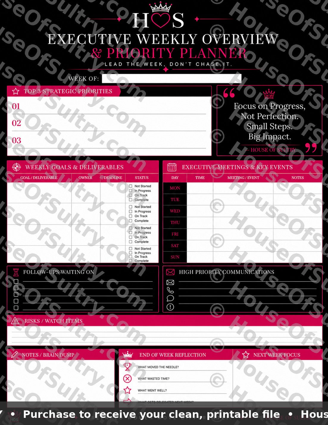 HouseOfSultry executive weekly overview and priority planner dashboard on 8.5x11 printable sheet with organized task sections.