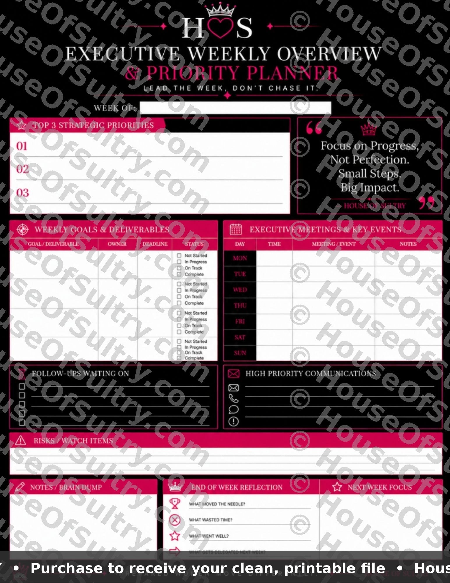 HouseOfSultry executive weekly overview dashboard printable bundle, 8.5 x 11 luxury planning system for organized weekly planning.
