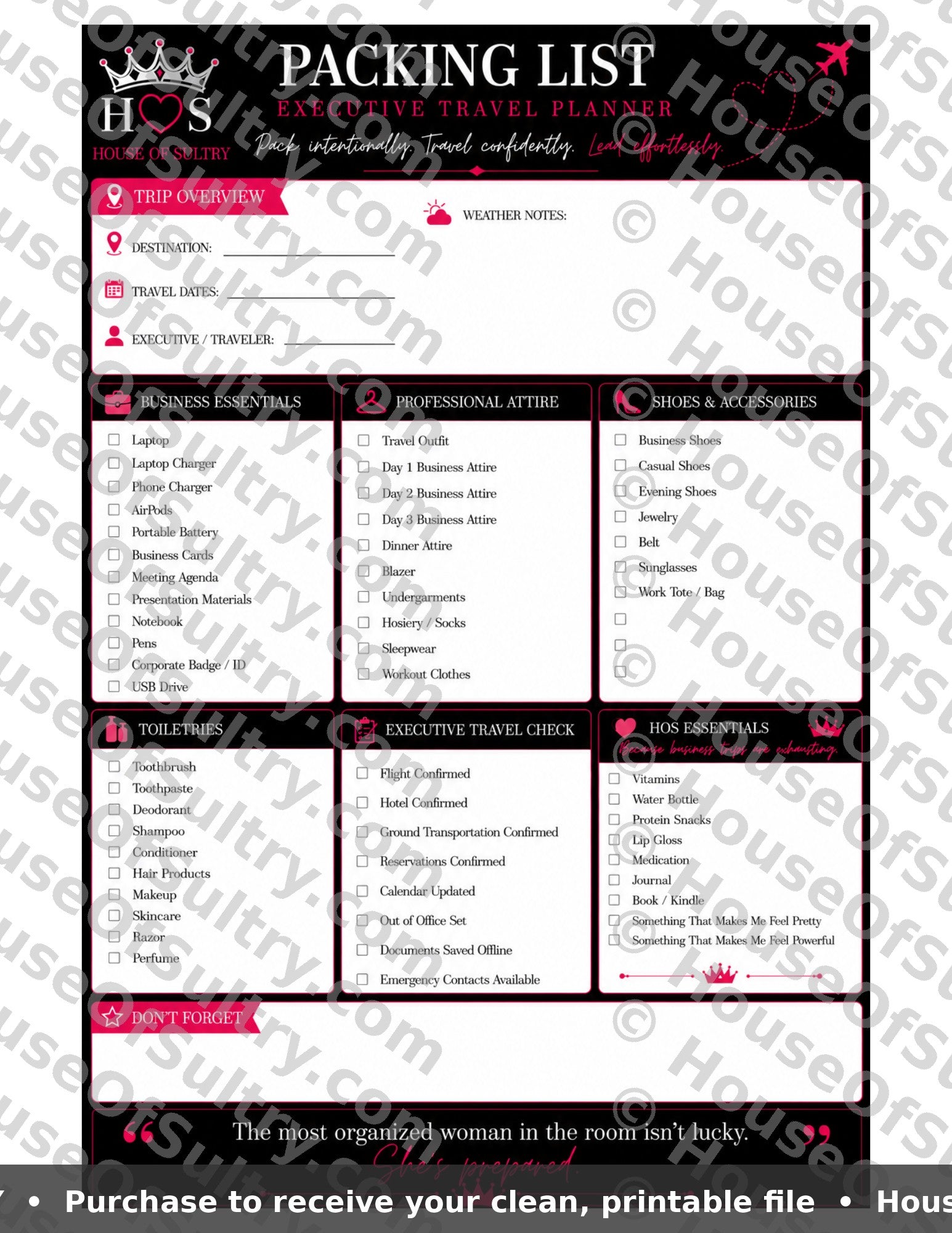 Printable work trip packing list on 8.5 x 11 paper with organized sections and checkboxes, designed by HouseOfSultry.