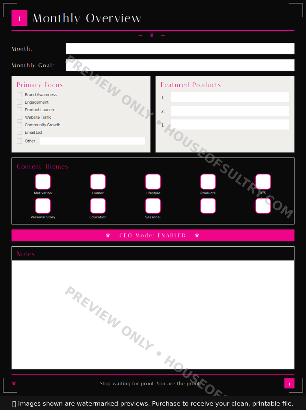 The CEO Social Media Content Planner - Page 1 Preview (Watermarked)