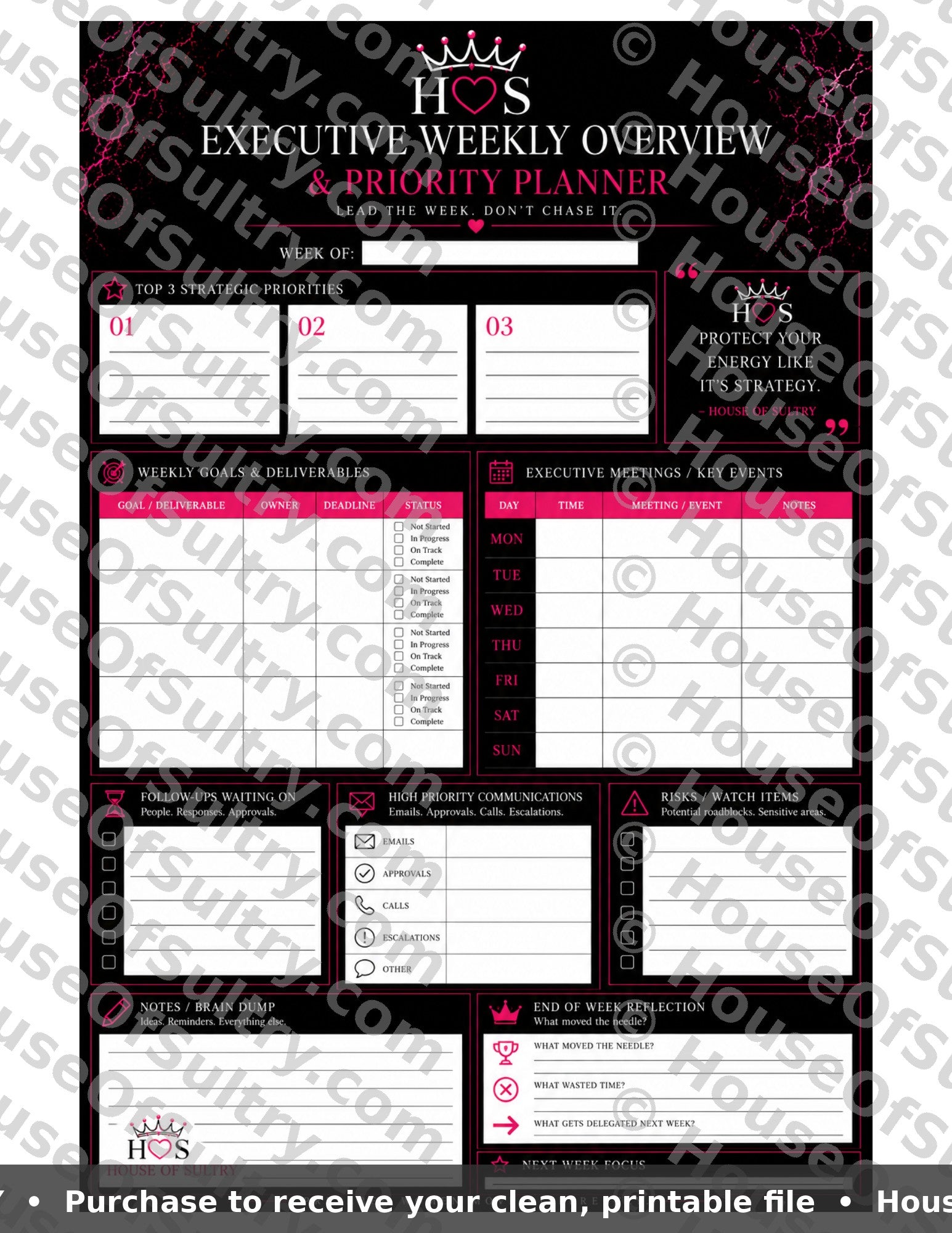 Printable HouseOfSultry executive weekly overview and priority planner on 8.5 x 11 paper, featuring organized layout for planning.