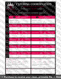 Printable catering events planner template by HouseOfSultry on 8.5 x 11 paper, featuring organized sections for event planning.