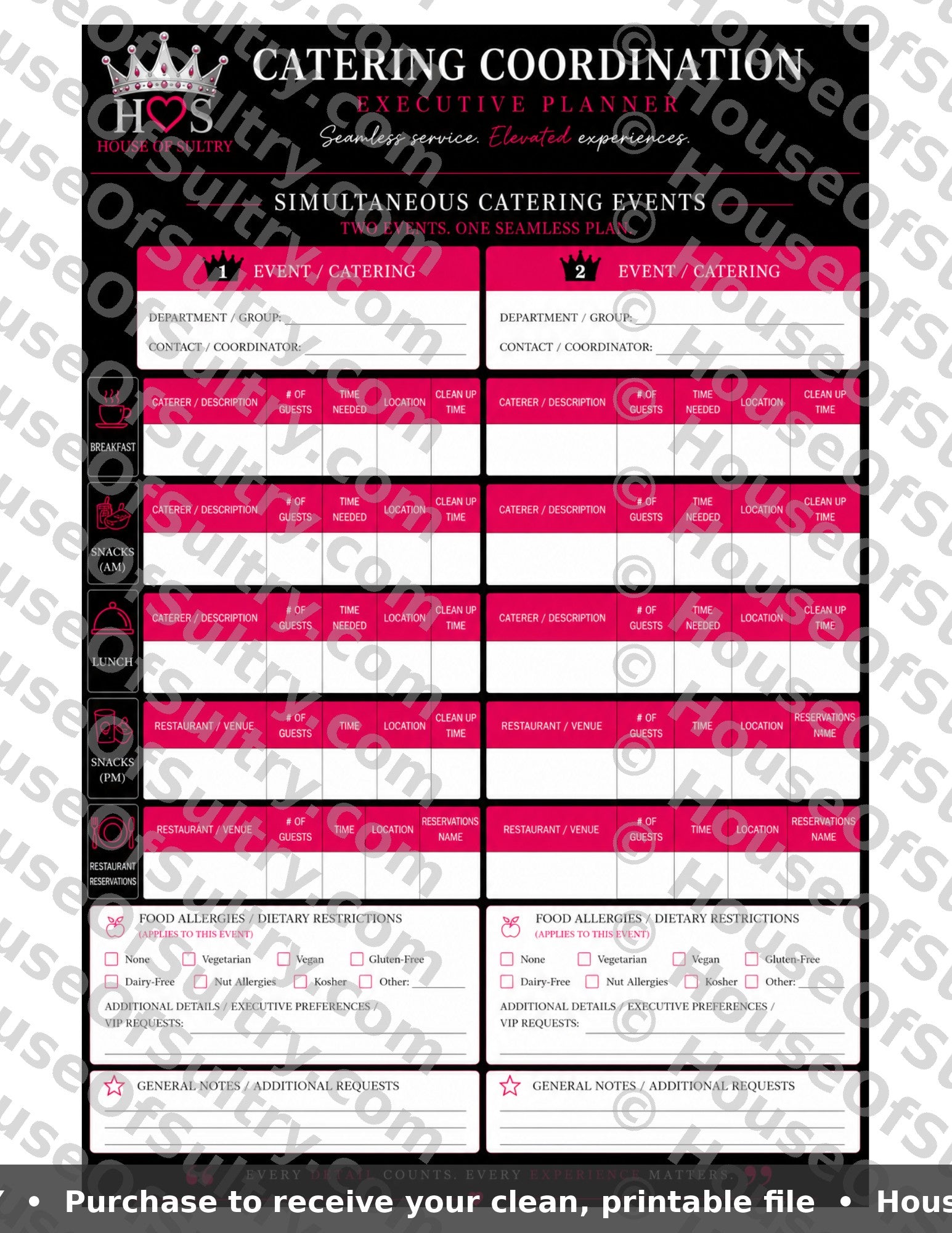 Printable catering events planner template by HouseOfSultry on 8.5 x 11 paper, featuring organized sections for event planning.